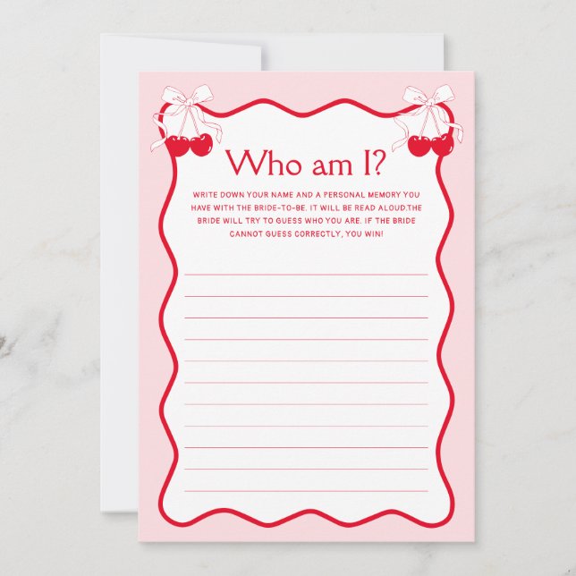 Convite Cherry Bridal Shower Guess Who Am I Game Card (Frente)