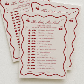 Convite Cherry Bridal Shower He Said She Said Game Card