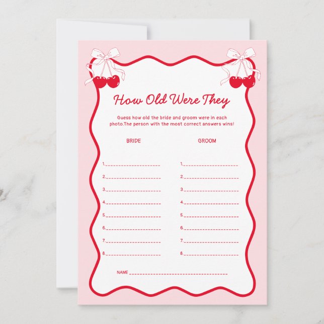 Convite Cherry Bridal Shower How Old Were They Game Card (Frente)