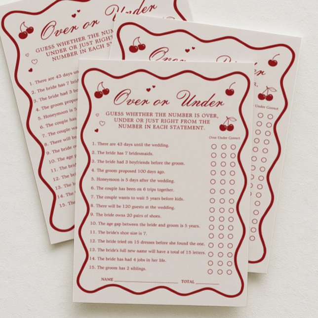 Convite Cherry Bridal Shower Over or Under Game Card (Criador carregado)