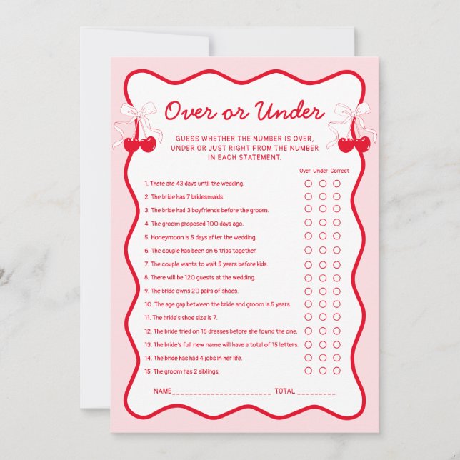 Convite Cherry Bridal Shower Over or Under Game Card (Frente)
