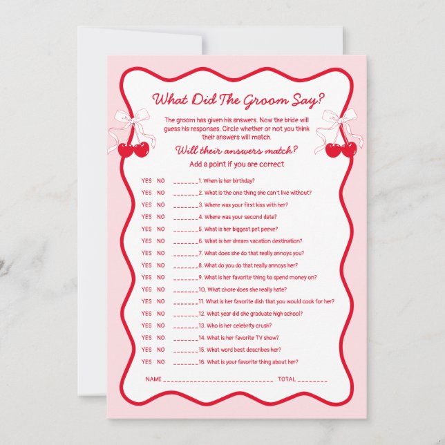 Convite Cherry Bridal Shower What Did the Groom Say Game (Frente)