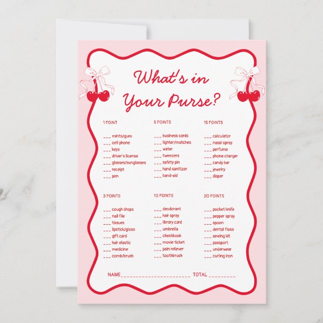 Convite Cherry Bridal Shower What's in Your Purse Game (Frente)