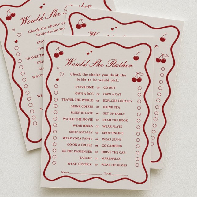 Convite Cherry Bridal Shower Would She Rather Game Card (Criador carregado)