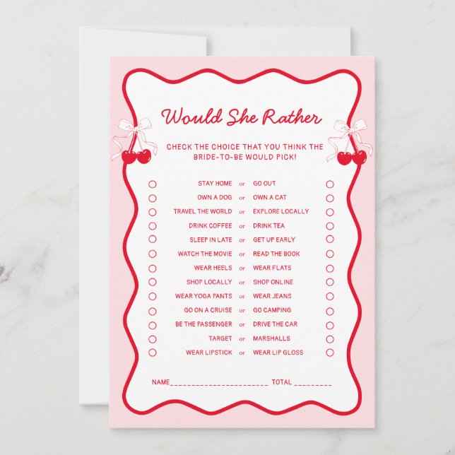 Convite Cherry Bridal Shower Would She Rather Game Card (Frente)