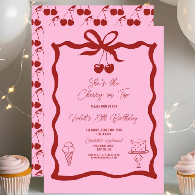 Convite Cherry Chic no Arco superior, rosa e aniversário v (She's the Cherry On Top Birthday Invitation, Cherries, Coquette Bow, Red and Pink, Chic Modern)