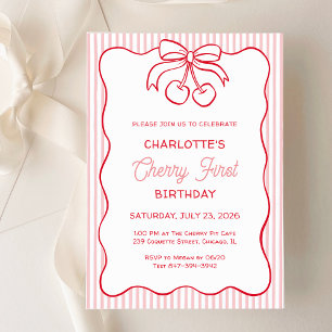 Convite "Cherry First" Aniversário, Arco Rosa Cinza