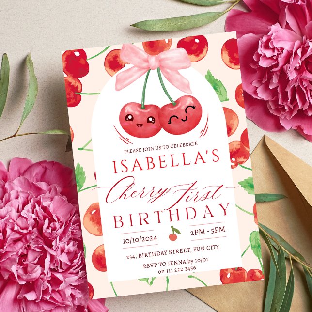 Convite Cherry First Birthday Girl 1rua Arco Fruta Anivers (Cherry First Birthday Girl 1st Fruit Bow Birthday Invitation)