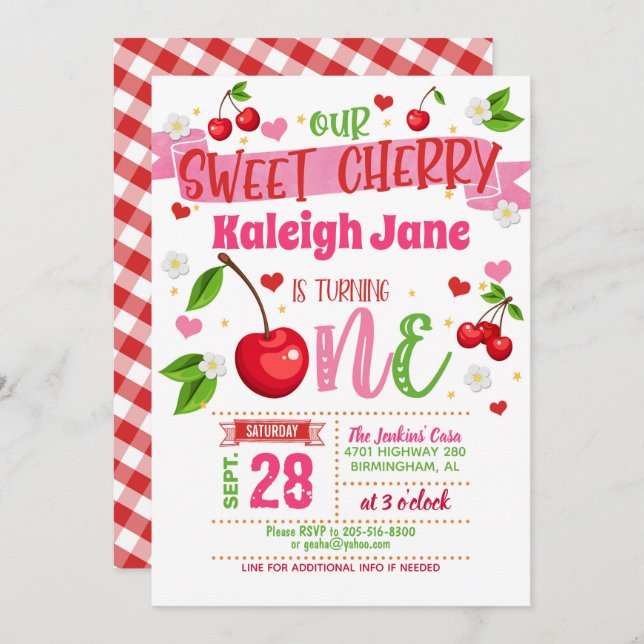 Convite Cherry First Birthday Invitation (Frente/Verso)