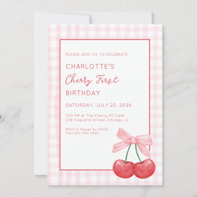 Convite Cherry First Birthday Pink Gingham Girls One Year  (Frente)