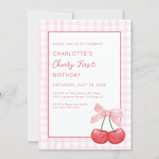 Convite Cherry First Birthday Pink Gingham Girls One Year 