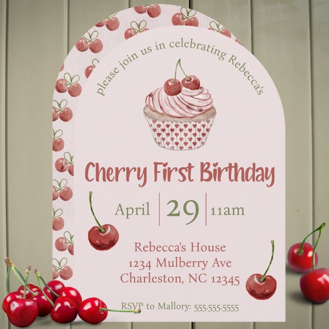 Convite Cherry First Birthday Watercolor Cupcake (Cherry first birthday watercolor cupcake fruit cute 1st bday party invitation pink girls 1 year old)