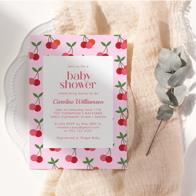 Convite Cherry Fruta Vermelho Rosa Fofo Chuveiro de Bebê d (Criador carregado)