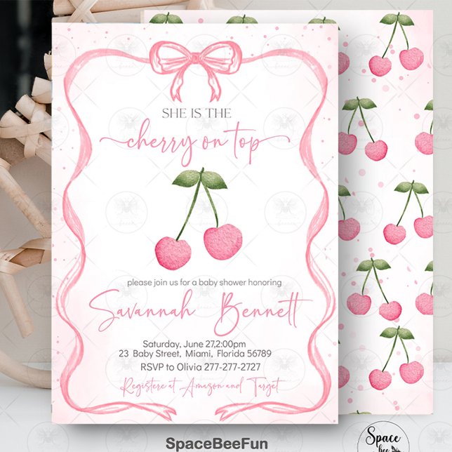 Convite Cherry no Arco superior do Chá de fraldas (Cherry Baby Shower Invitation, Bow Baby Shower Invite, Baby Girl Shower Invitation, Digital Baby Sho)
