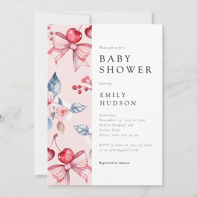 Convite Cherry no Chá de fraldas de coquete do Arco Rosa S (Frente)