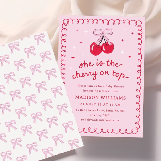 Convite Cherry no Chá de fraldas de coquetes superior (coquette cherry on top baby girl shower invitation)