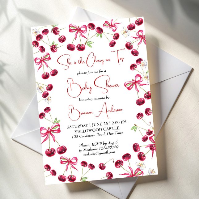 Convite Cherry no chá de fraldas de fita superior (Cherry on top ribbon coquette baby shower invitation template summer fruit berry baby shower invite)