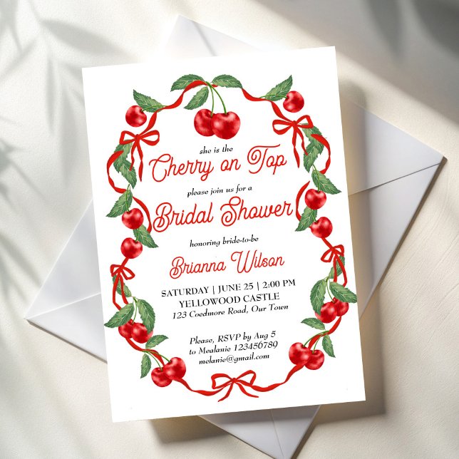 Convite Cherry no chá de panela de fita superior (Cherry on top ribbon coquette cherry bridal shower invitation template whimsical cherry border invit)