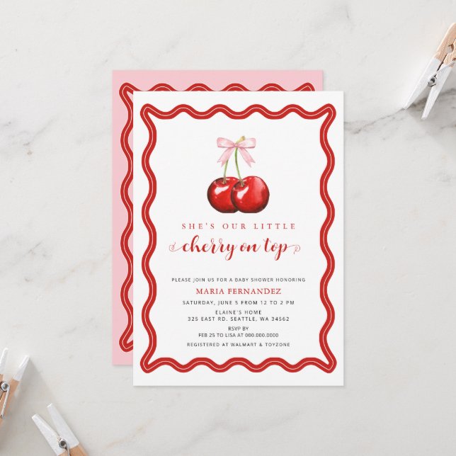 Convite Cherry no topo Arco cor-de-rosa (Frente/Verso In Situ)