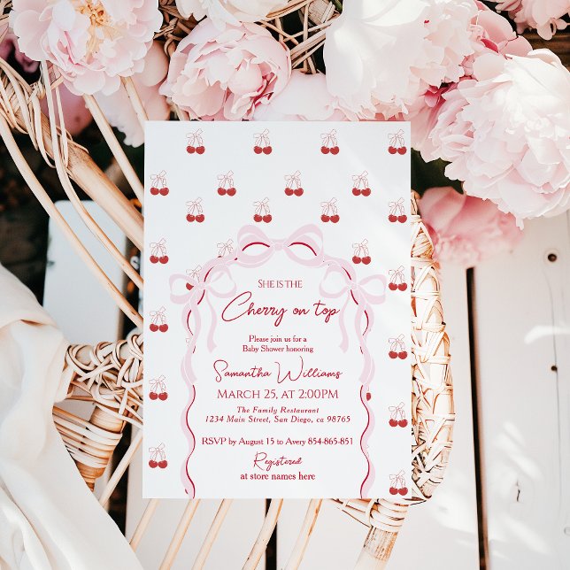 Convite Cherry no topo Arco rosa Red Baby Girl Chá (Criador carregado)