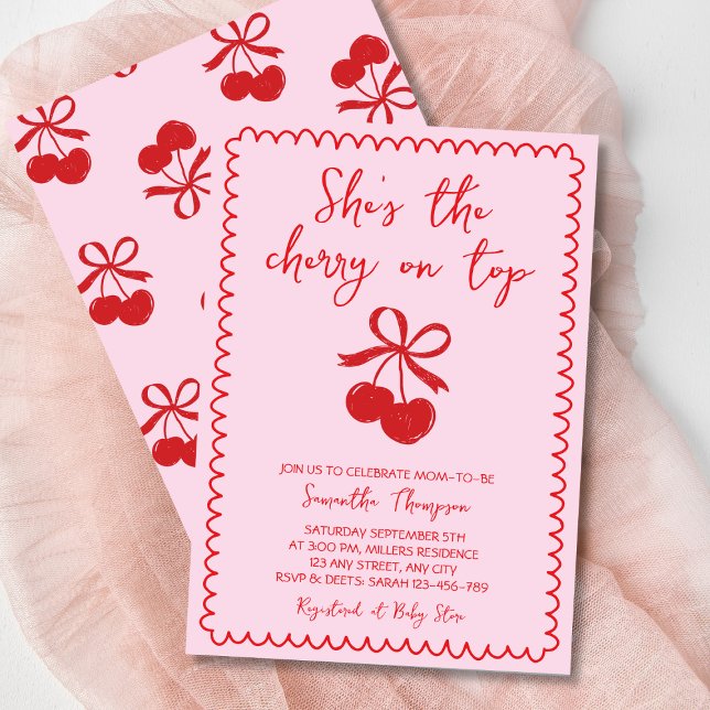 Convite Cherry No Topo Da Mão Bonita Desenha Chá De Bebê (Cherry On Top Cute Hand Drawn Baby Girl Shower Invitation)