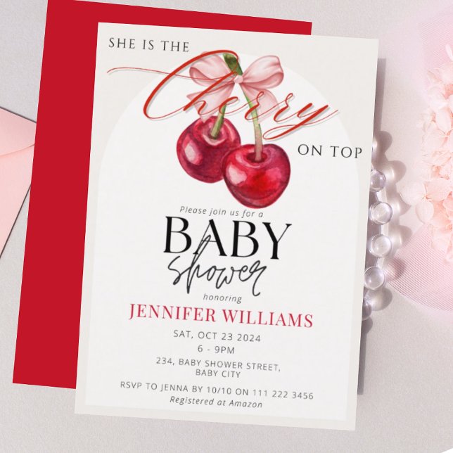 Convite Cherry no topo do Chá de panela de Coquetes Chic (Cherry on Top Chic Coquette Girl Baby Shower Invitation)