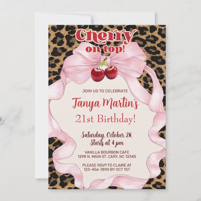Convite Cherry On Top adult woman birthday invitation. (Frente)