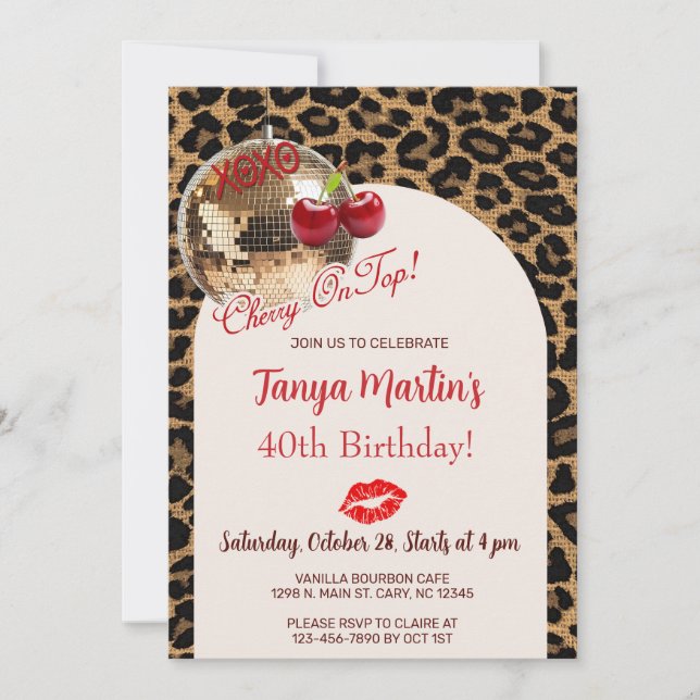 Convite Cherry On Top adult woman birthday invitation. (Frente)