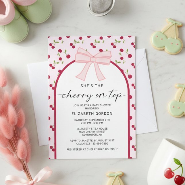 Convite Cherry On Top Baby Shower Coquette Bow (Criador carregado)