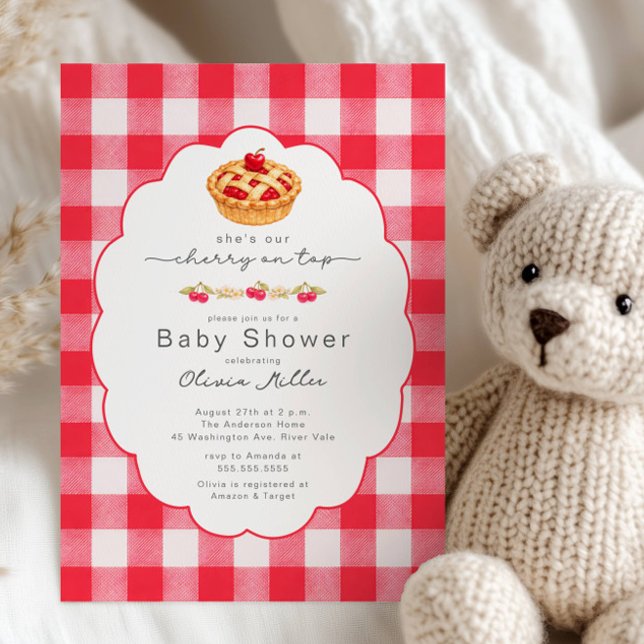 Convite Cherry on Top Baby Shower Gingham Invite (Criador carregado)