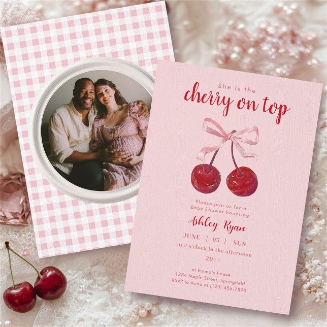 Convite Cherry on Top Baby Shower Invitation with Photo (Criador carregado)