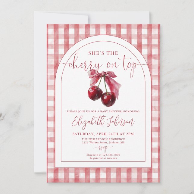 Convite Cherry On Top Bow QR Code Girl Baby Shower (Frente)
