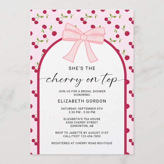 Convite Cherry On Top Bridal Shower Coquette Bow (Frente)