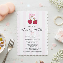 Convite Cherry On Top Bridal Shower Coquette Bow Stripes