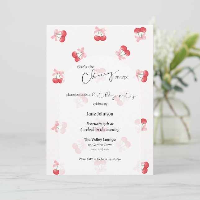 Convite Cherry On Top Cherries & Bows Birthday Invitation (Em pé/Frente)