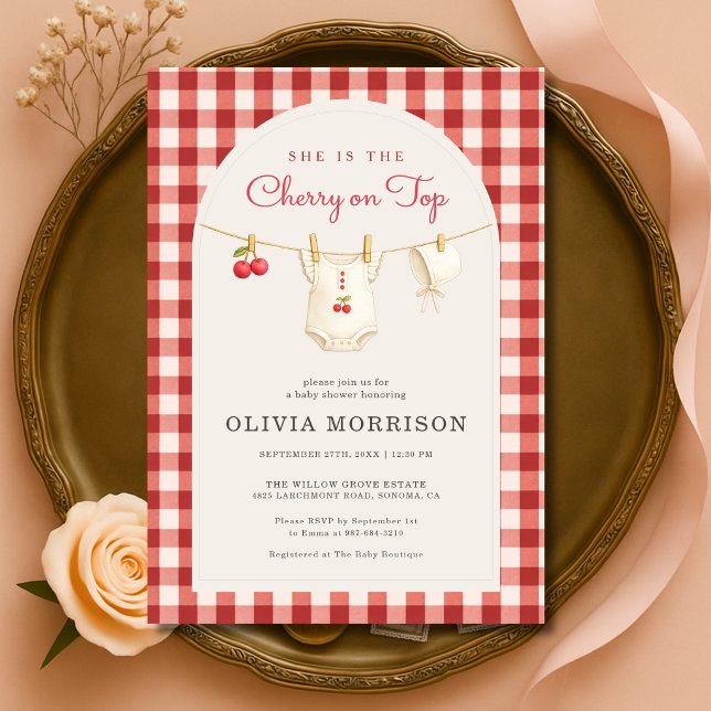Convite Cherry on Top Clothesline Gingham Baby Shower (Criador carregado)