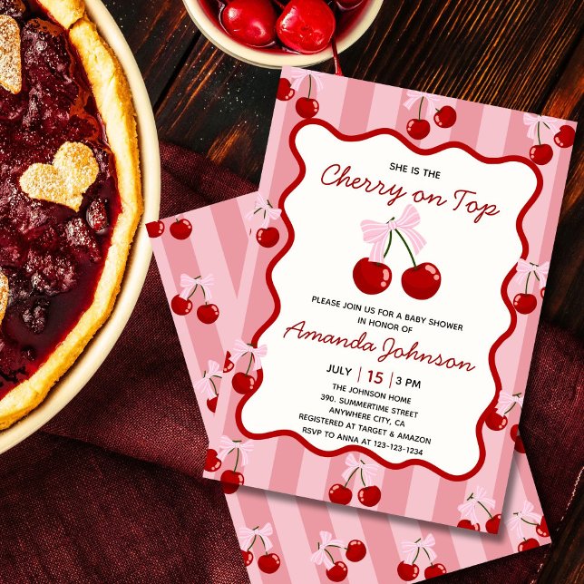 Convite Cherry On Top Coquette Arco Pink Chá de fraldas (Blush pink cherry baby shower invitation with cute bow, whimsical and sweet design)