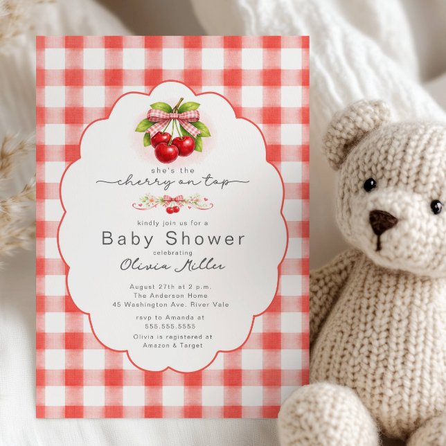 Convite Cherry on Top Gingham Baby Shower (Criador carregado)