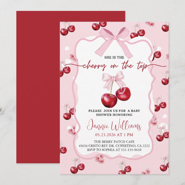 Convite Cherry On Top Girl Baby Shower Invitation (Frente/Verso)