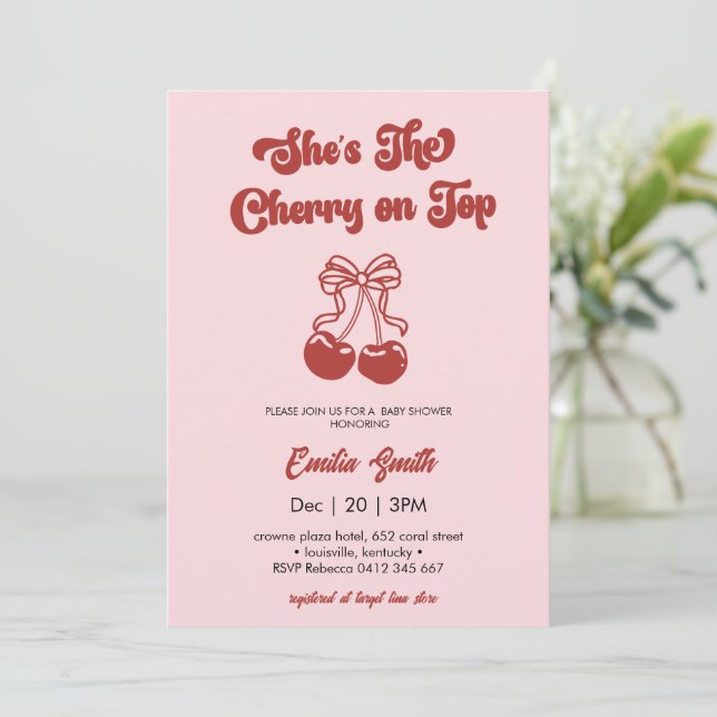 Convite Cherry on Top hand drawn girl Baby Shower (Em pé/Frente)