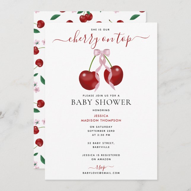 Convite Cherry On Top Modern Chá de fraldas Rosa Arco (Frente/Verso)
