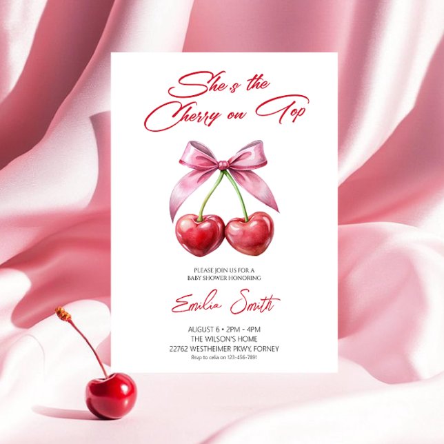 Convite  Cherry on Top pink bow Baby Shower Invitation (Criador carregado)