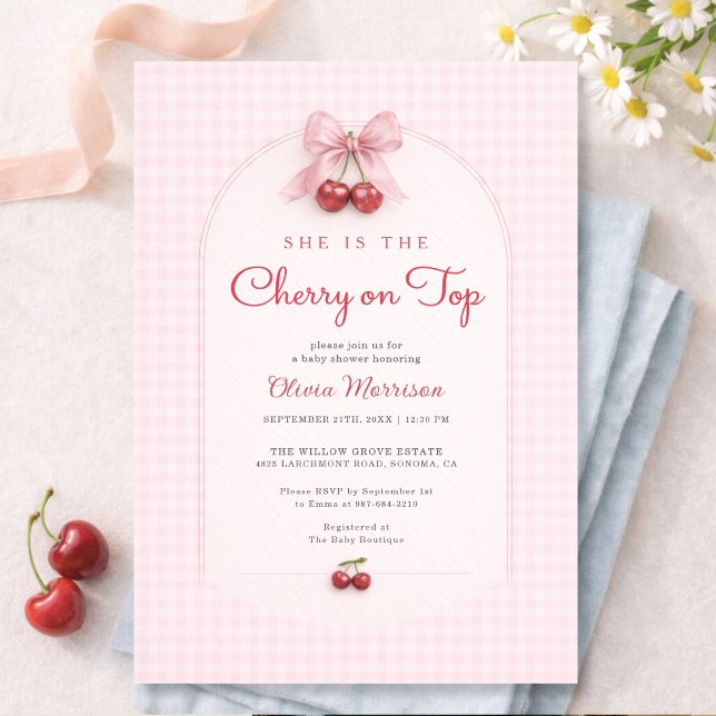 Convite Cherry on Top Pink Bow Gingham Baby Shower (Criador carregado)