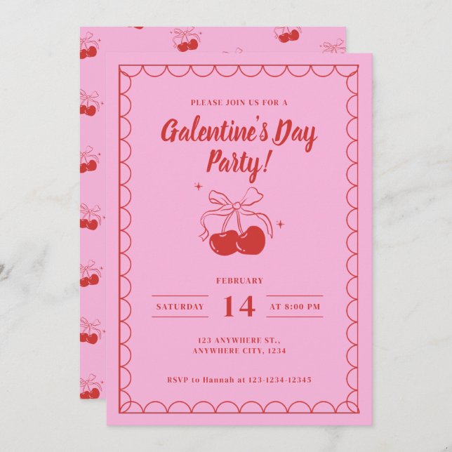 Convite Cherry On Top Pink Galentine's Day (Frente/Verso)