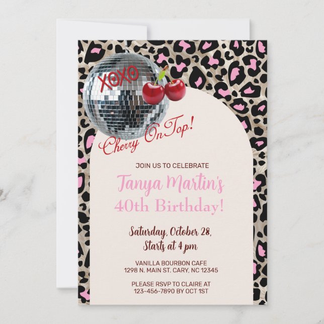 Convite Cherry On Top pink leopard animal print invite. (Frente)
