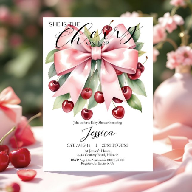 Convite Cherry Pink Arco Cherry on Top Chá de fraldas Invi (She is the Cherry on Top Baby Shower Invitation with watercolor cherries, foliage and pink bow)