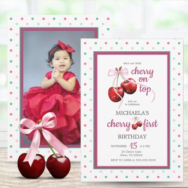 Convite Cherry Pink Coquette Arco Primeiro Aniversário Fot (Cherry First Birthday Polka Dot Photo Invitation)