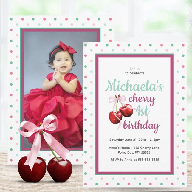 Convite Cherry Pink Coquette Arco Primeiro Aniversário Fot (Cherry First Birthday Polka Dot Photo Invitation)