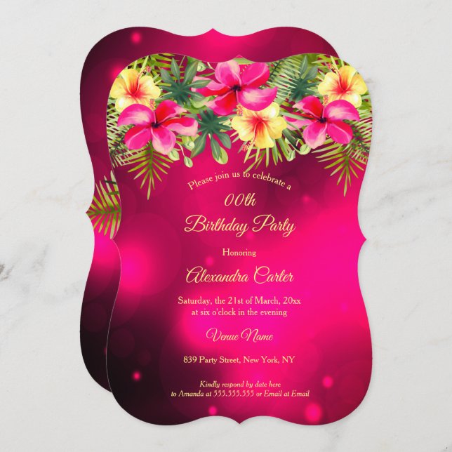 Convite Cherry Pink yellow Hibiscus Tropical Floral Party (Frente/Verso)