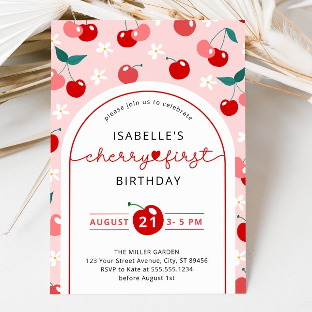 Convite Cherry Primeiro primeiro aniversario de aniversári (Cherry First Birthday 1st Birthday Invitation)